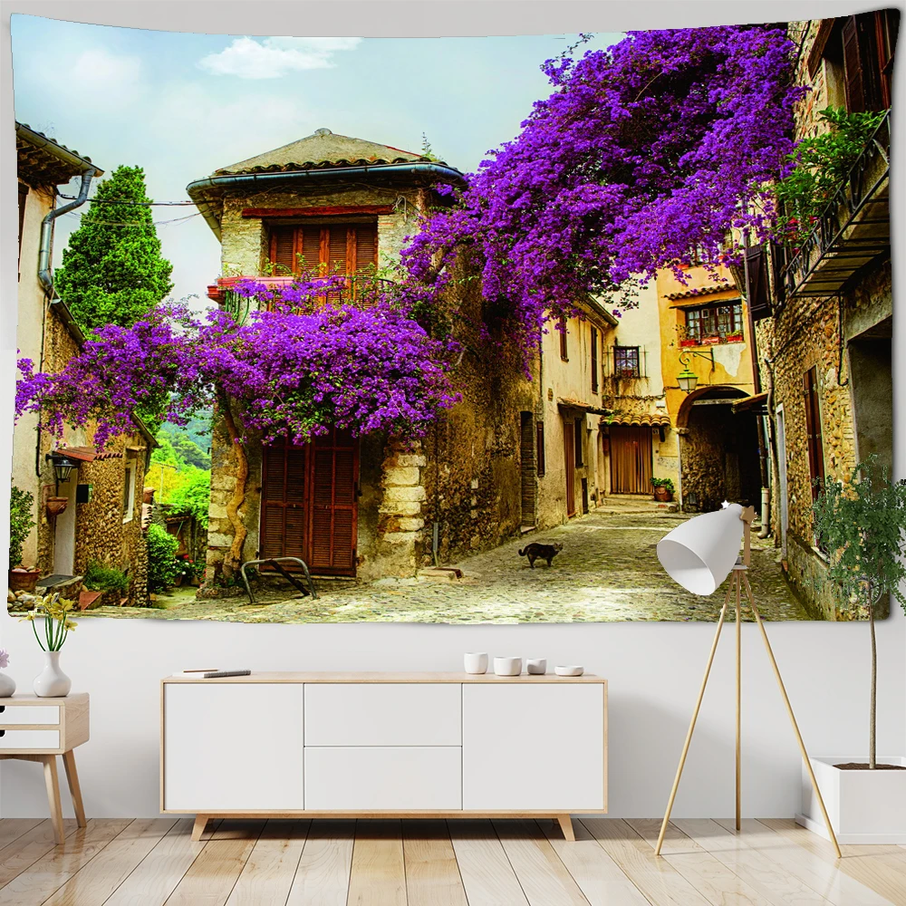

Beautiful Flower Town Scenery Print Wall Tapestry Hippie Polyester Fabric Home Decor Wall Rug Carpets Hanging Big Couch Blanket