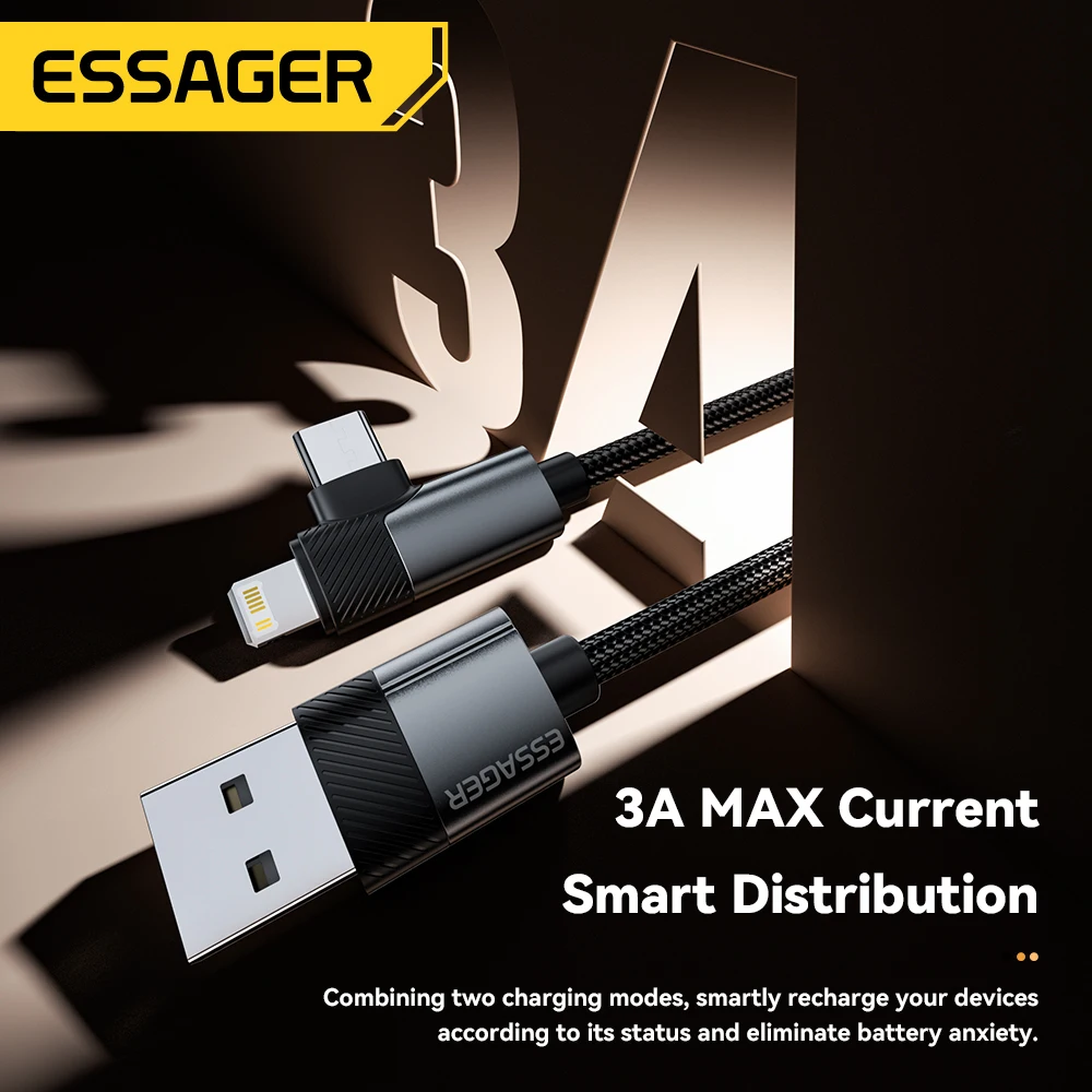 Фото Прямоугольный кабель Essager 2 в 1 USB A для Typec Lighting 3A, локоть для быстрой зарядки, кабель для передачи данных для iPhone 16 15 14 Samsung iPad Pro №3