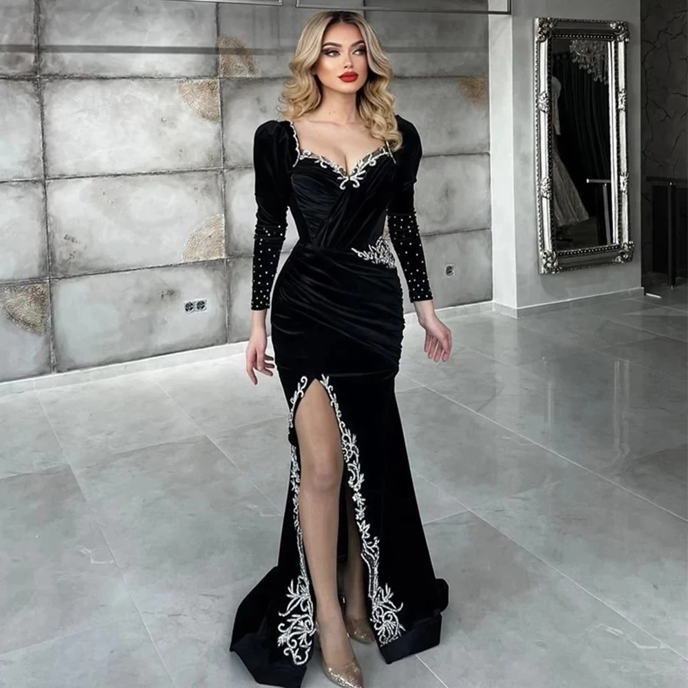 

Weilinsha Sexy Long Sleeve Evening Dress Deep V-Neck Applique and Pleat Side Slit Mermaid Floor Length Women Custom Gowns