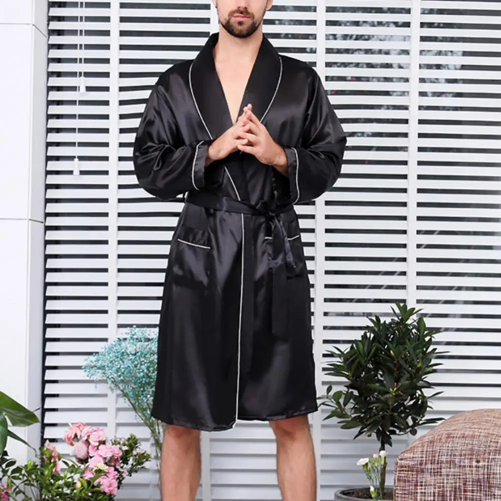 

Men Summer Imitation Silk with Pockets Waist Belt Bath Robe Home Gown Sleepwear