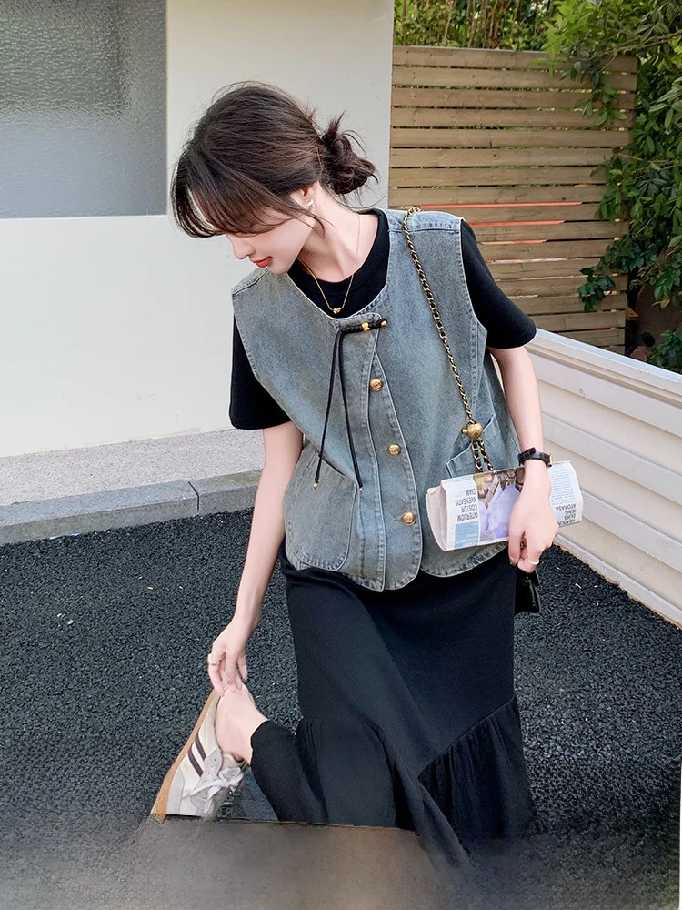 Новое джинсовое пальто в китайском стиле черное платье для женщин новинка 2024