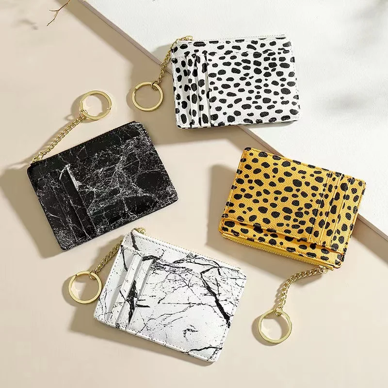 

Leopard Print Card Bag Lady Mini Thin Key Chain Zipper Wallet Ink Style Student Fashion Card Clip