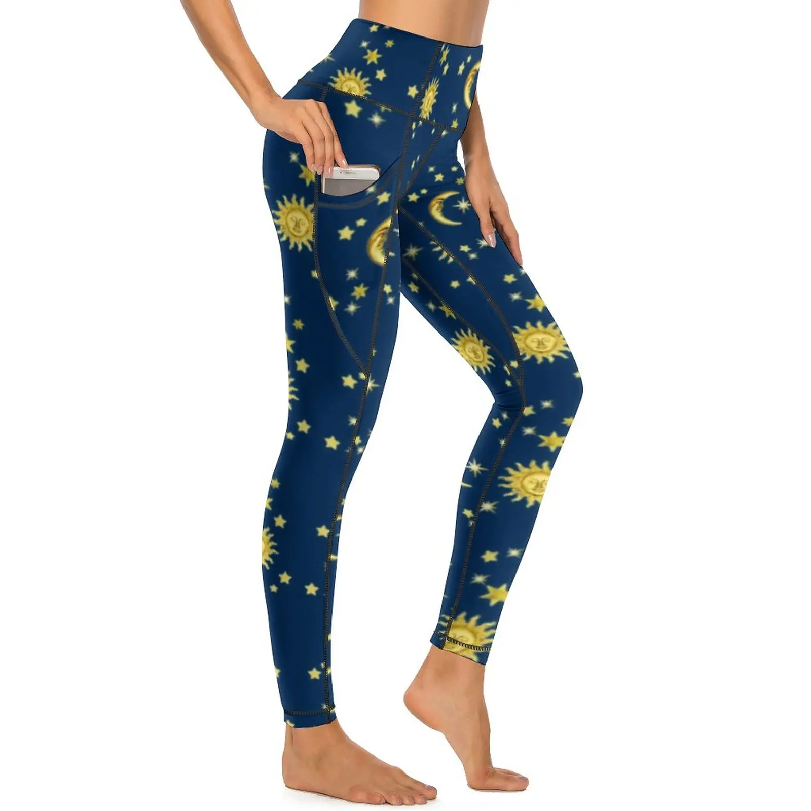 

Gold Star Print Leggings Sexy Retro Sun Moon Push Up Yoga Pants Funny Stretch Leggins Pockets Women Printed Gym Sports Tights