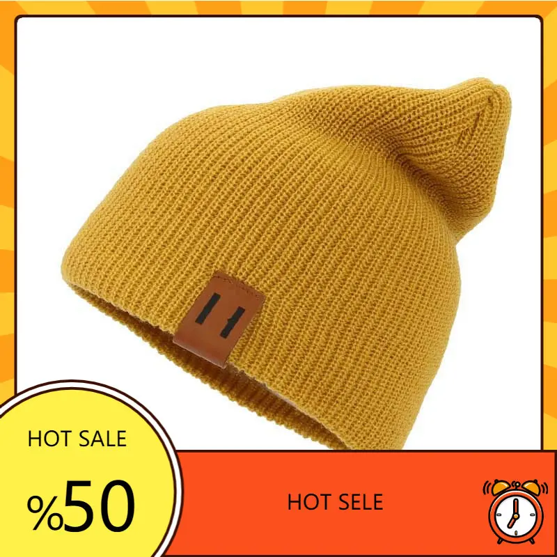 

Baby Knit Hat Autumn Winter Warm Wool Beanie Caps Children Parent-Child Hats Newborn Baby Boys Girls Cap With Leather Label