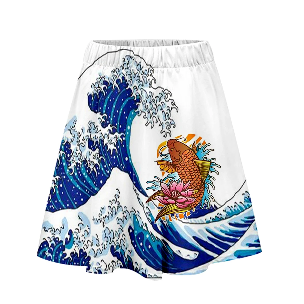 2022 New Summer Lady Short Thin Knee Length Vintage Casual Wave Carp Print Pattern Beach Elegant Party Woman Mini A-line Skirts