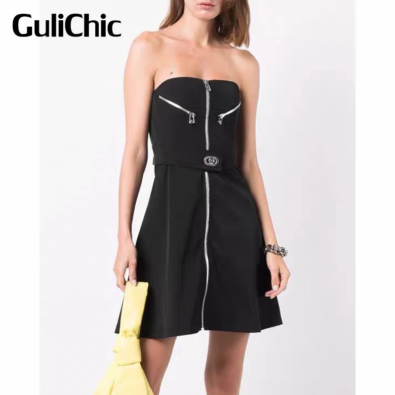 

6.26 GuliChic Women Street Zipper Collect Waist With Belt Strapless Black A-Line Dress Adjustable Suspender
