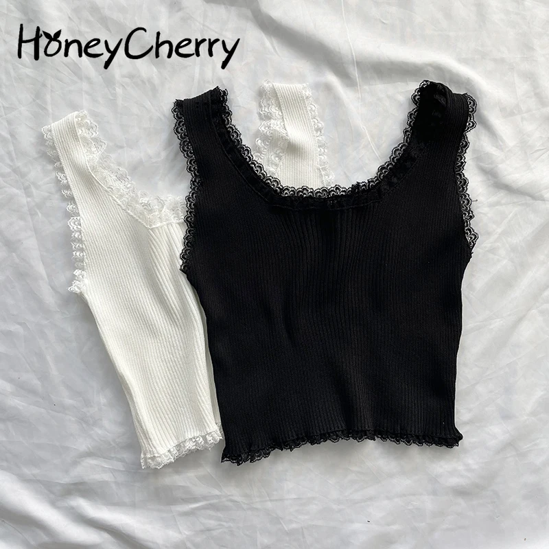 

Lace Black Tops for Women Clothes Crop Top T Shirt Cute Sexy White Bustier Short Solid Spandex Stretch Knitted New tops