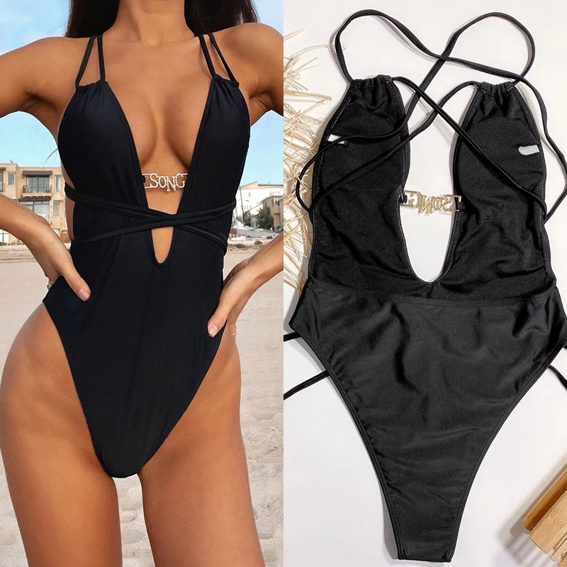 

Women's Sexy Deep V-Neck One-Piece Swimsuit Swimsuit Black