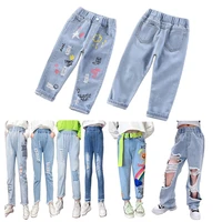 kids girl jeans floral cartoon long pants spring autumn graffiti painting print casual denims short trousers with hole painting