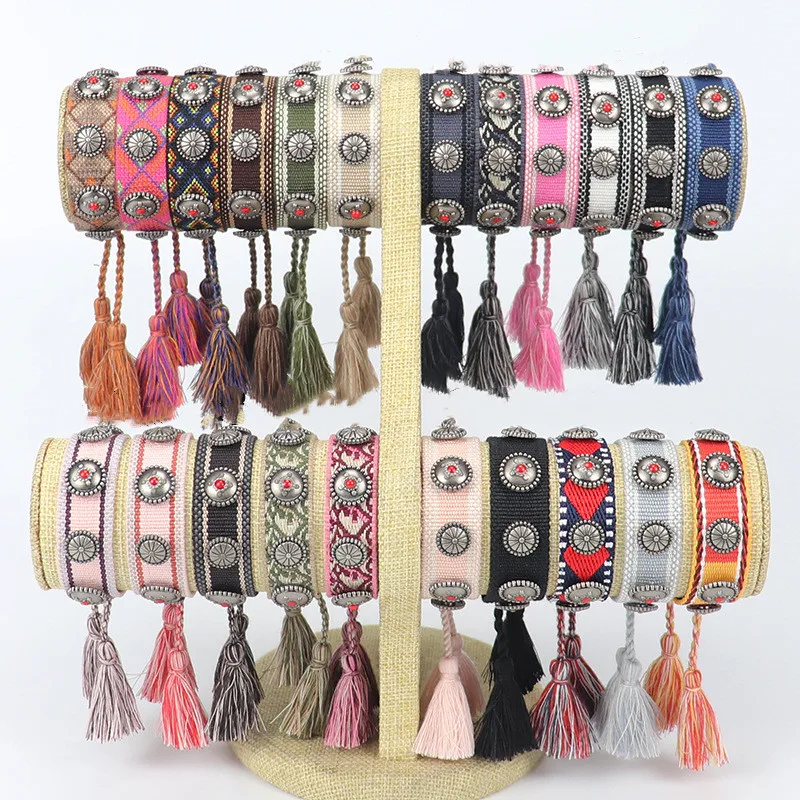 

Bohemia Personality Rivet Metal Bracelet For Women Polyester Fabric Handmade Braided Tassel Bracelet Fashion Jewelry Wholesale
