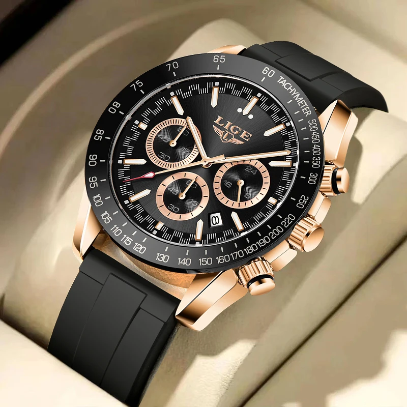 

Часы наручные LIGE Мужские кварцевые с хронографом, брендовые Роскошные водонепроницаемые спортивные в стиле милитари, с силиконовым ремешк...