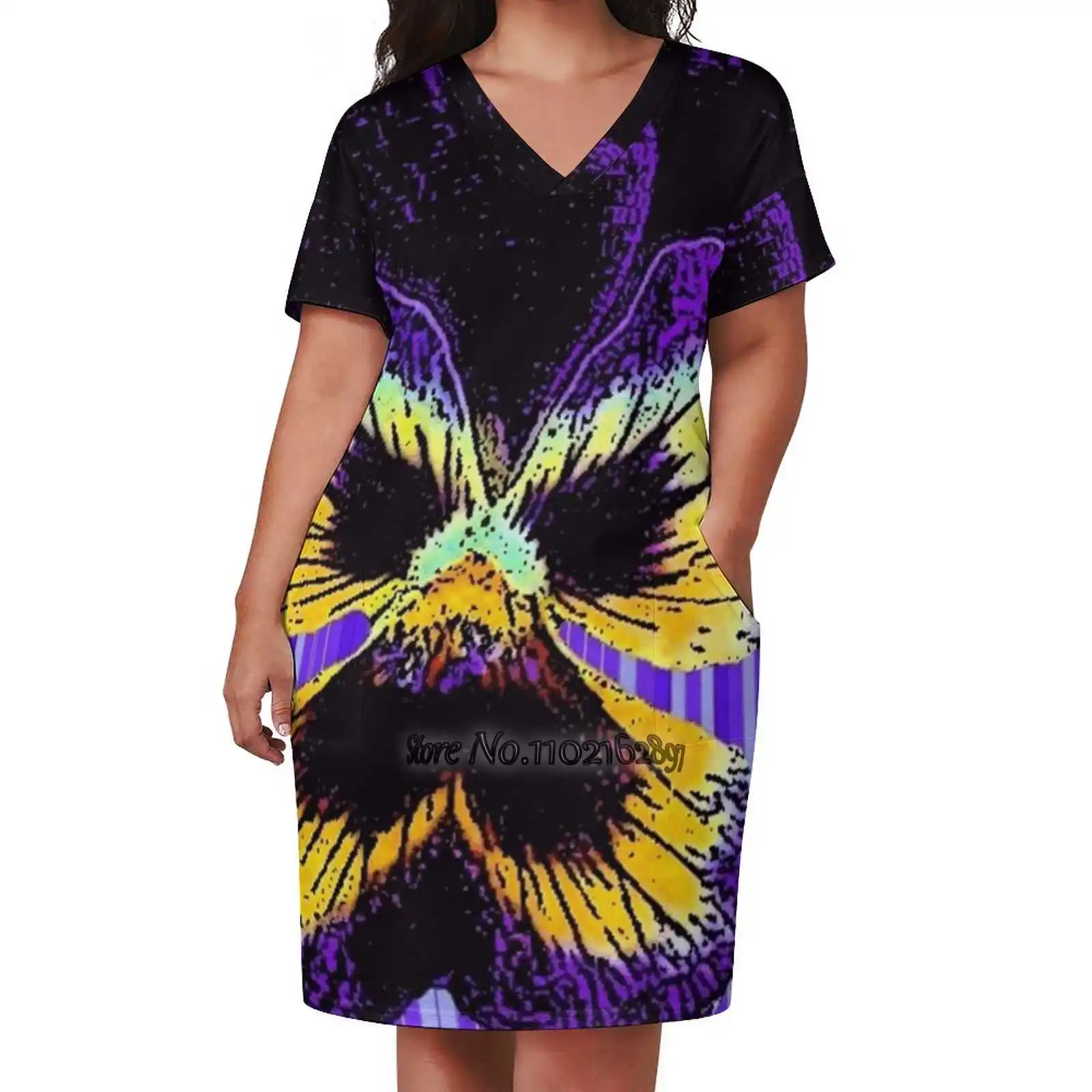 

Фиолетовое и желтое платье в стиле Панси, фиолетовое модное уличное платье, свободная юбка с V-образным вырезом и коротким рукавом, повседне...
