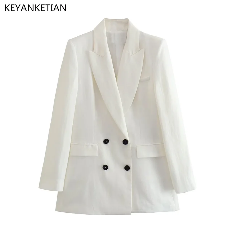 

KEYANKETIAN New Double-Breasted Slim-Fit Mid-Length Suit Women Commuter Wind Clamshell Pocket White Coat Top Spring Autumn