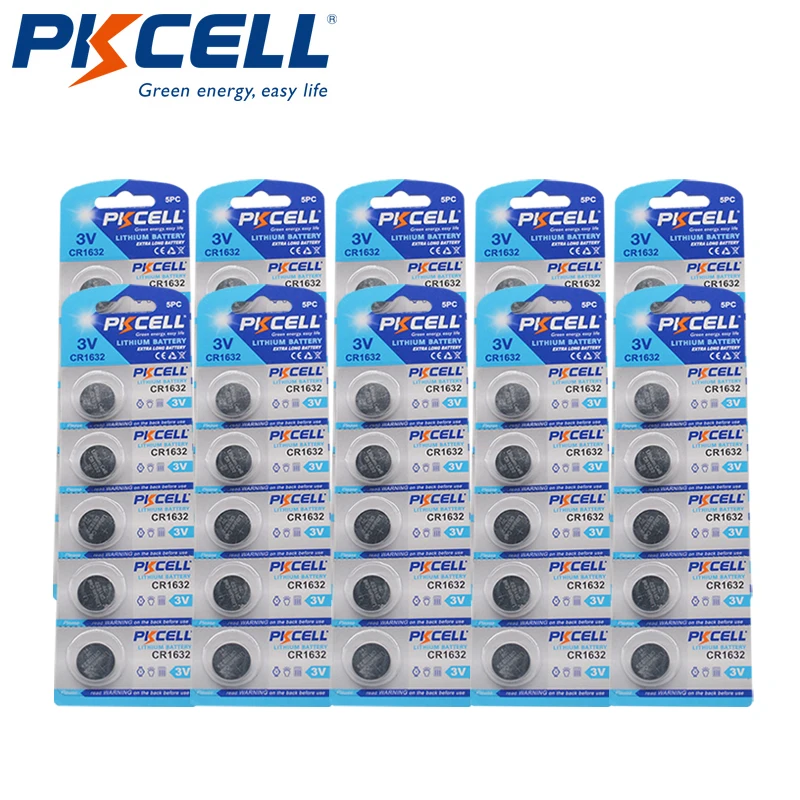 

50Pcs Pkcell CR1632 BR1632 ECR1632 3V Button Cell Coin Battery for Watch Calculator