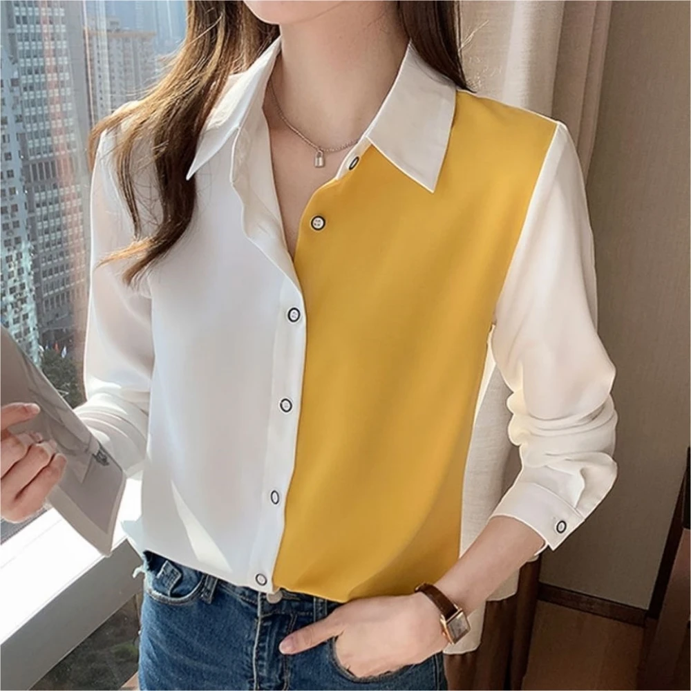 

New Women 2023 Spring Autumn Office Lady Stand Collar Full Sleeves Patchwork Chifffon Shirt Temperament Korean Oversized 5XL
