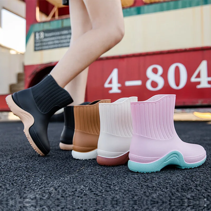 2023 Women's Rain Boots Ladies' Rubber Flat Shoes PVC Macaroon Mixed-color Waterproof Non-slip Outdoor Leisure Plus Size