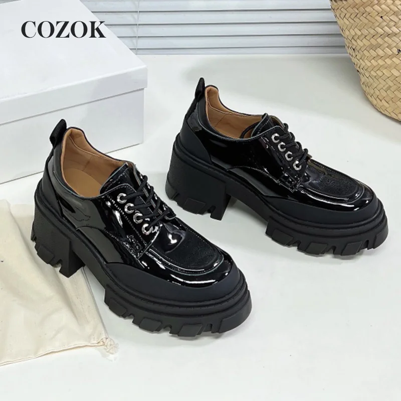 

High Quality Trend Vintage Platform Women's Leisure Shoes Patent Leather Splicing Lace-Up Mary Jane Shoes Spring And Autumn