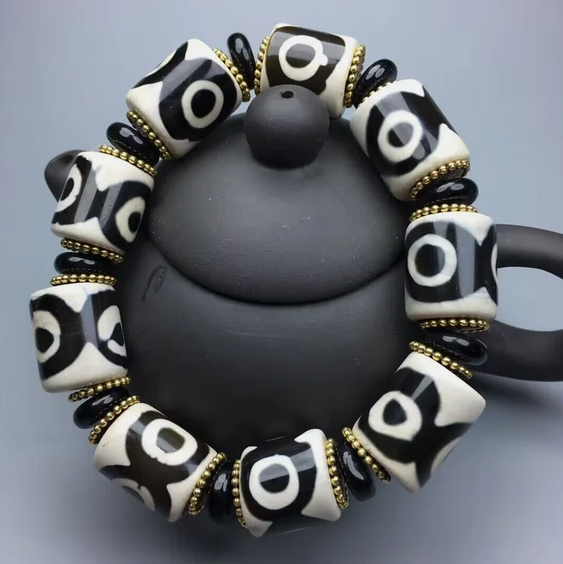 Тибетская патина старый маслянистый черно-белый агат Дзи * 3 глаза браслет из