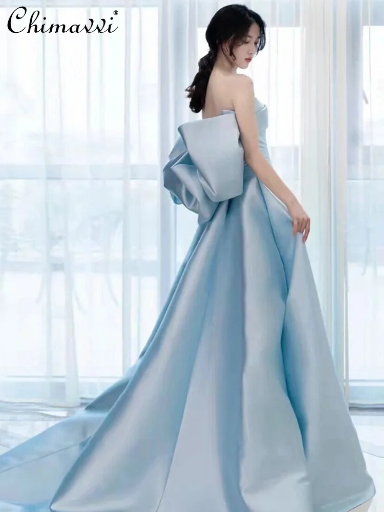 Sky Blue Princess Style Evening Dress Women 2023 Spring Summer New Three-Dimensional Bow Decoration Off-Shoulder Tube Top Dress