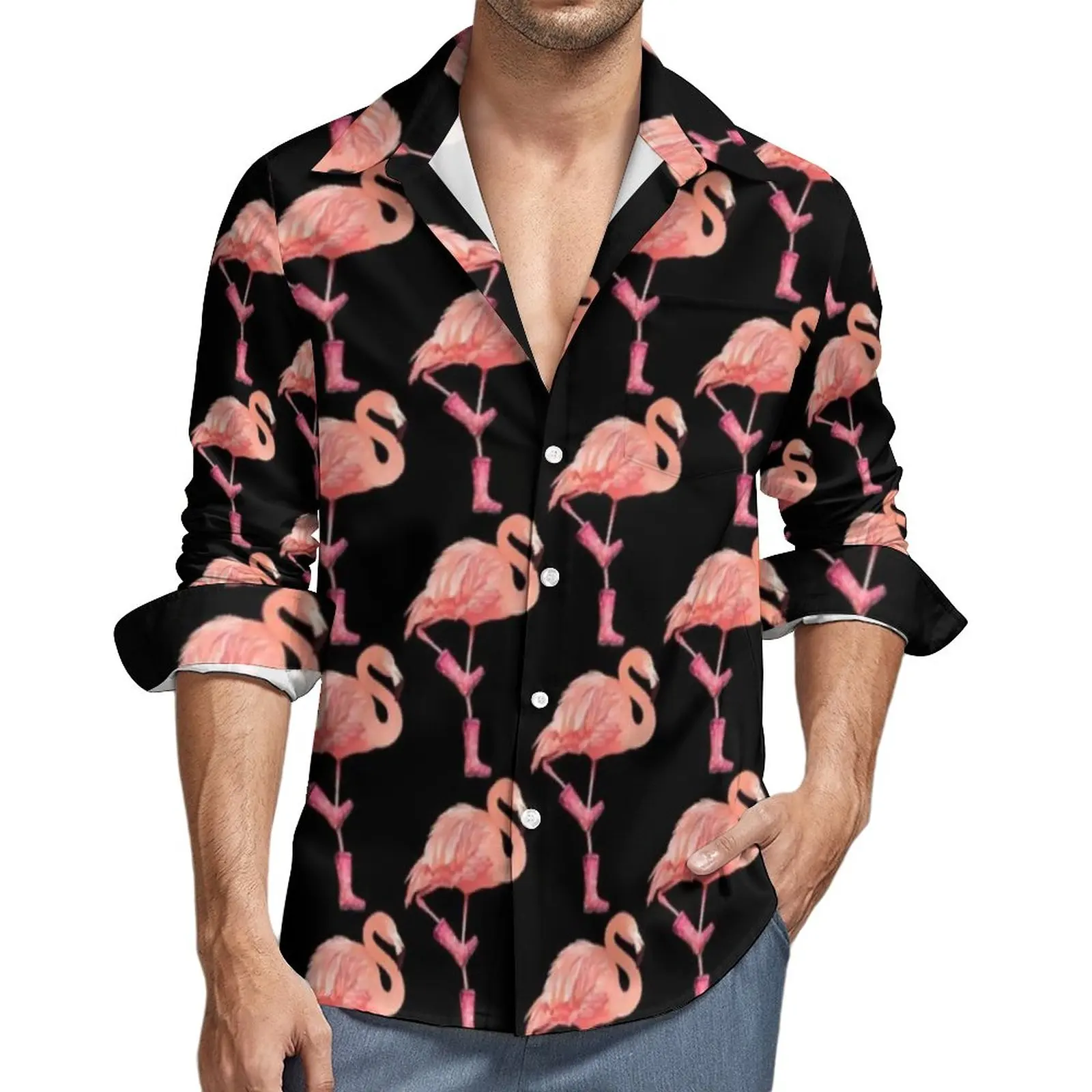 

Flamingo Funny Casual Shirt Man Shirt Autumn Novelty Blouses Long Sleeve Custom Oversized Tops