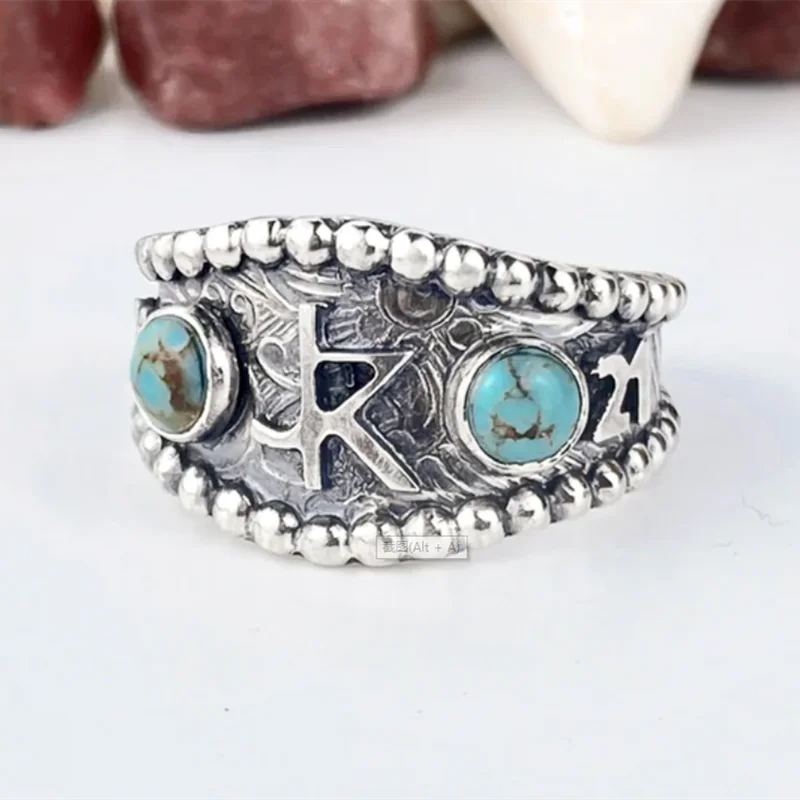 

Vintage Bohemian Silver Color Hand Engraved Letter K Pattern Ring Ladies Inlaid Blue Stone Personality Engagement Ring Jewelry