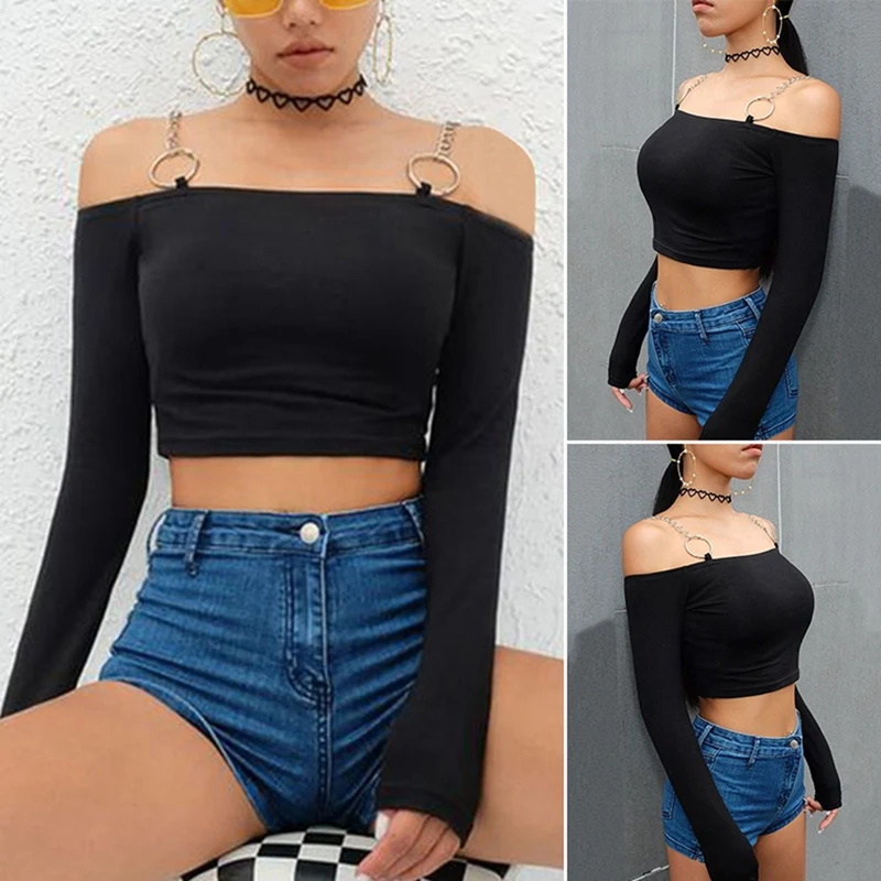 

ASDS-Women Black Long Sleeve T Shirt Knitted Slash Neck Cropped T Shirt Iron Chain Streetwear T Shirt Crop Tops