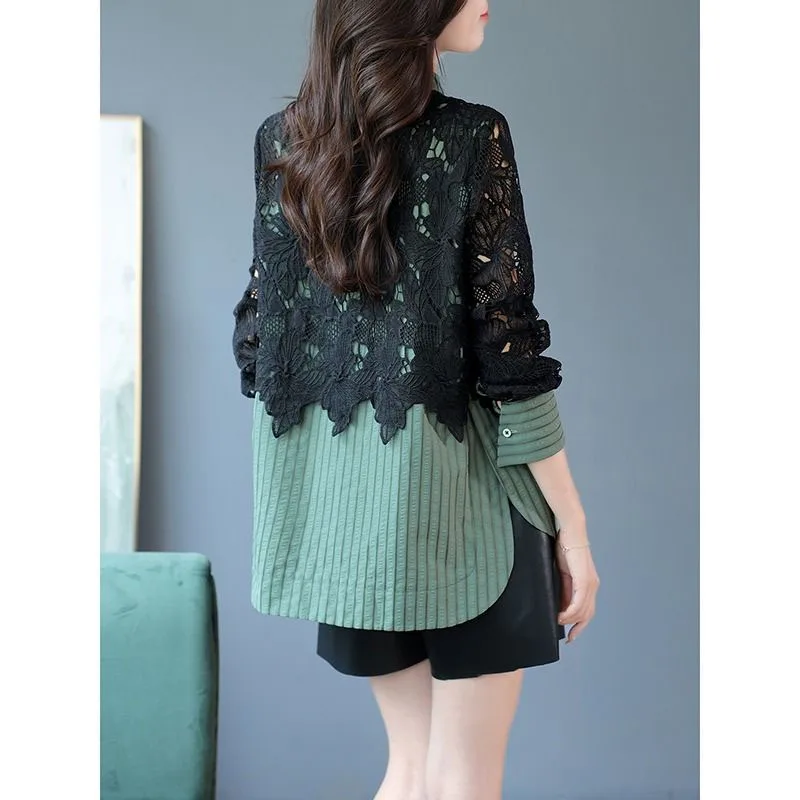 Женская ажурная рубашка с воротником-стойкой на весну и лето 2024