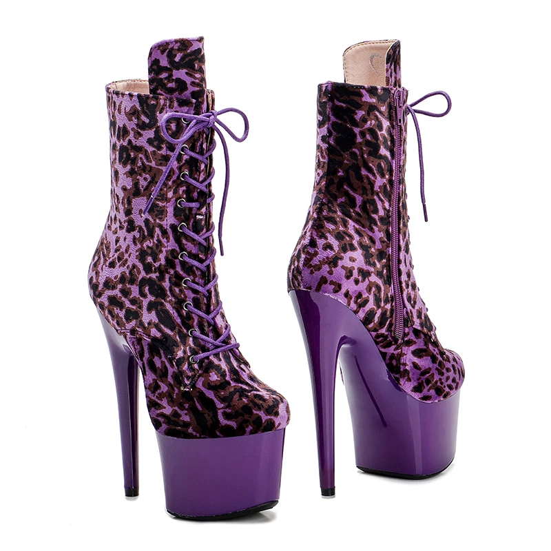Leecabe 17CM/7Inches Leopard  PU upper High Heel platform Boots   Pole Dance boot