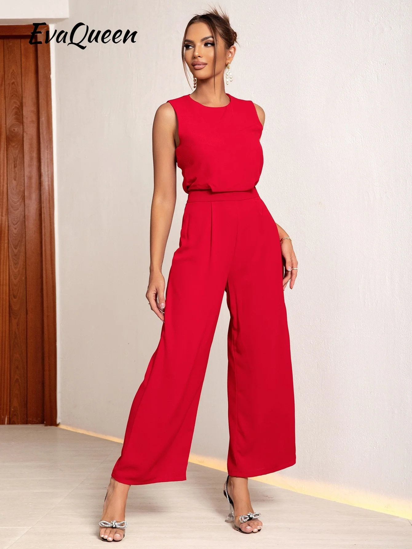 

EvaQueen Cut Out Button Back Wide Leg Jumpsuit