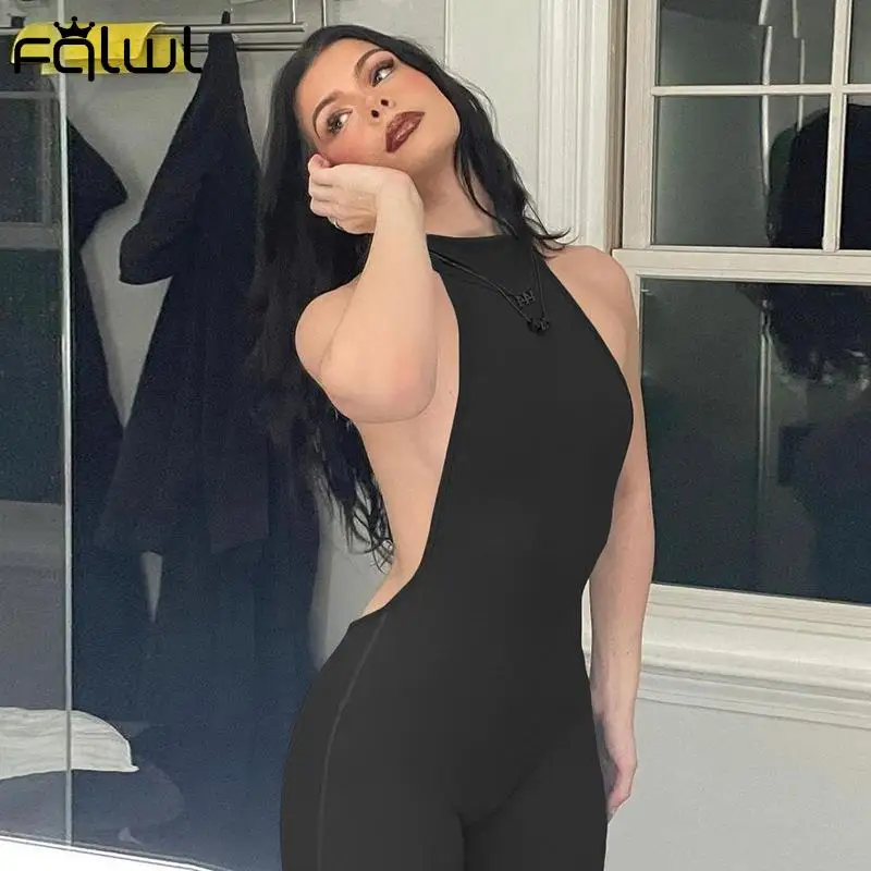 Повседневные черные комбинезоны FQLWL женские 2022 без рукавов с открытой спиной и