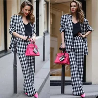 Women's Pants Suit 2 Piece Black and White Plaid Picture Summer Casual Suits Jacket Pants for Lady Outfit