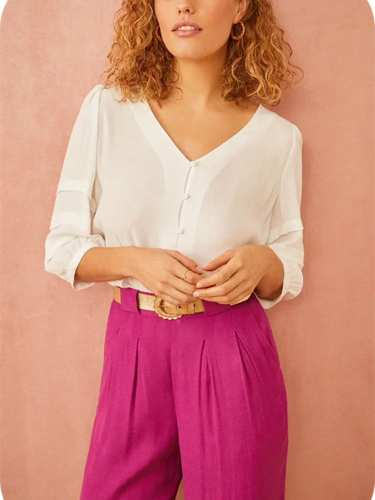 

Женская однобортная блузка, Повседневная тонкая универсальная рубашка с V-образным вырезом и рукавом три четверти, лето 2023