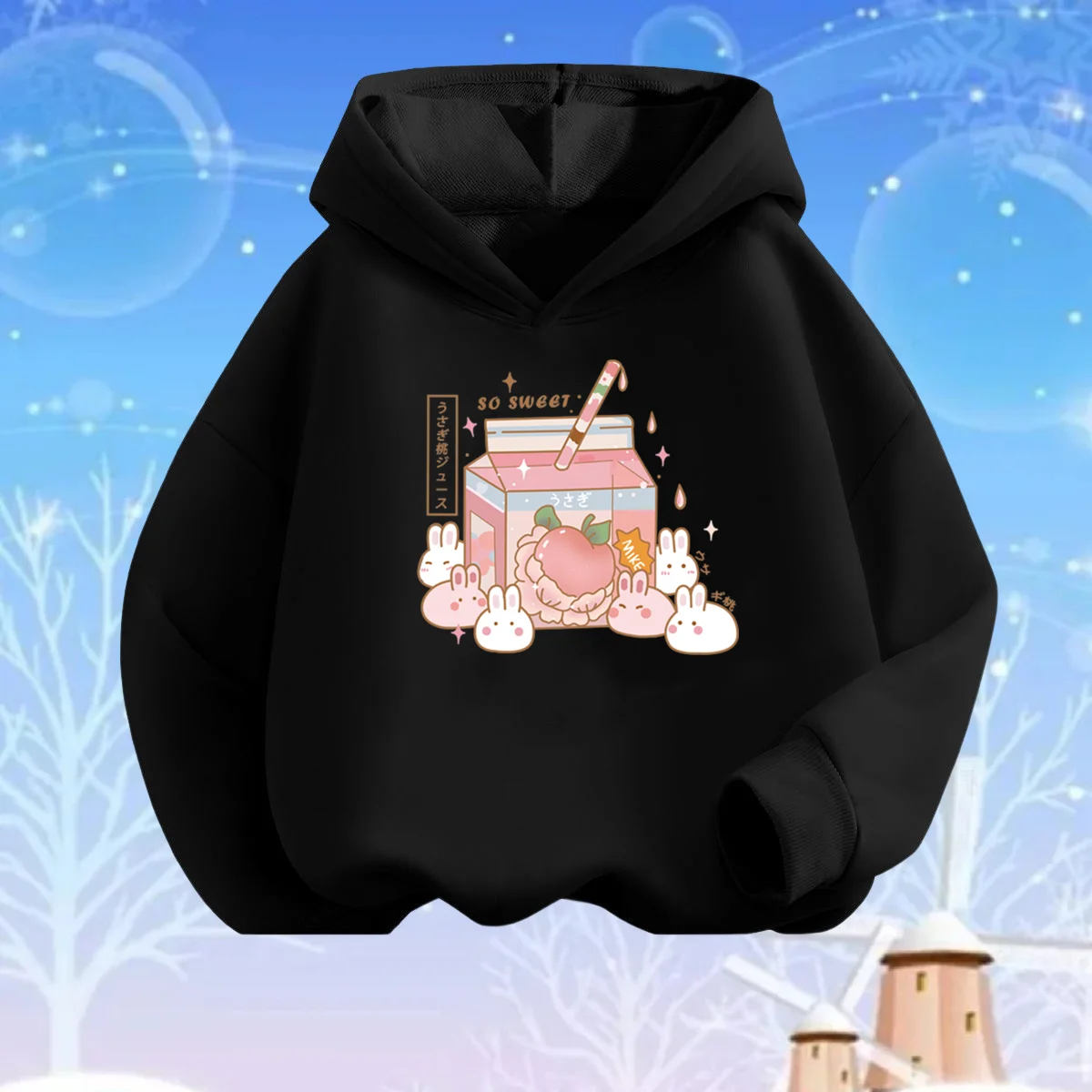 

Kawaii Peach Juice Summer Drink Print Hoodies Girls Hooded Sweatshirt Soft Top Student Thin Basic Coat