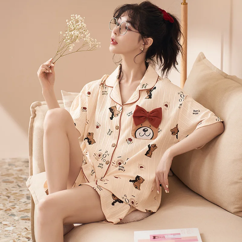 Ensemble Femme 2 Pièces Summer Women's Pajamas Home Clothes Pure Cotton V-neck Cardigan Short Sleeve Shorts Sleepwear