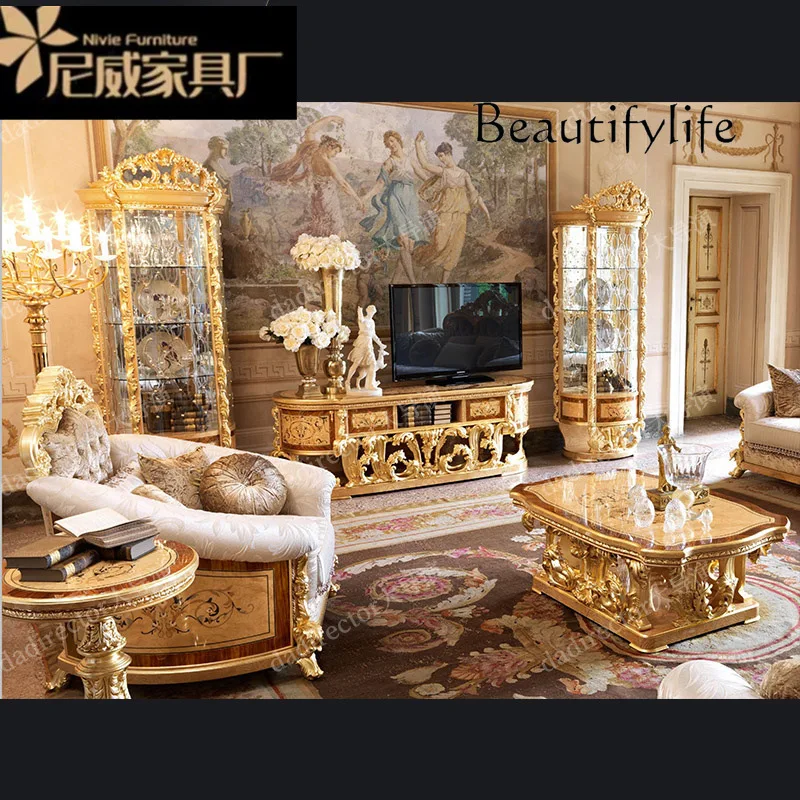 Роскошный шкаф для телевизора из цельного дерева французская гостиная золотая
