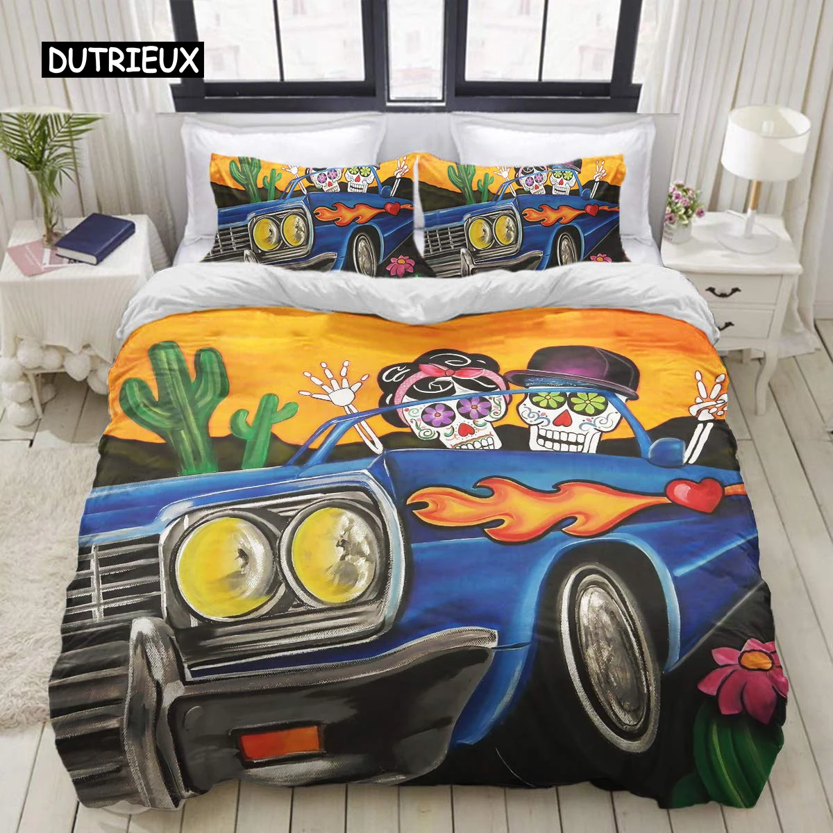 

Sugar Skull King Queen Duvet Cover Cartoon Skeleton Blue Car Bedding Set for Teens Adults Halloween Day of The Dead Quilt Cover