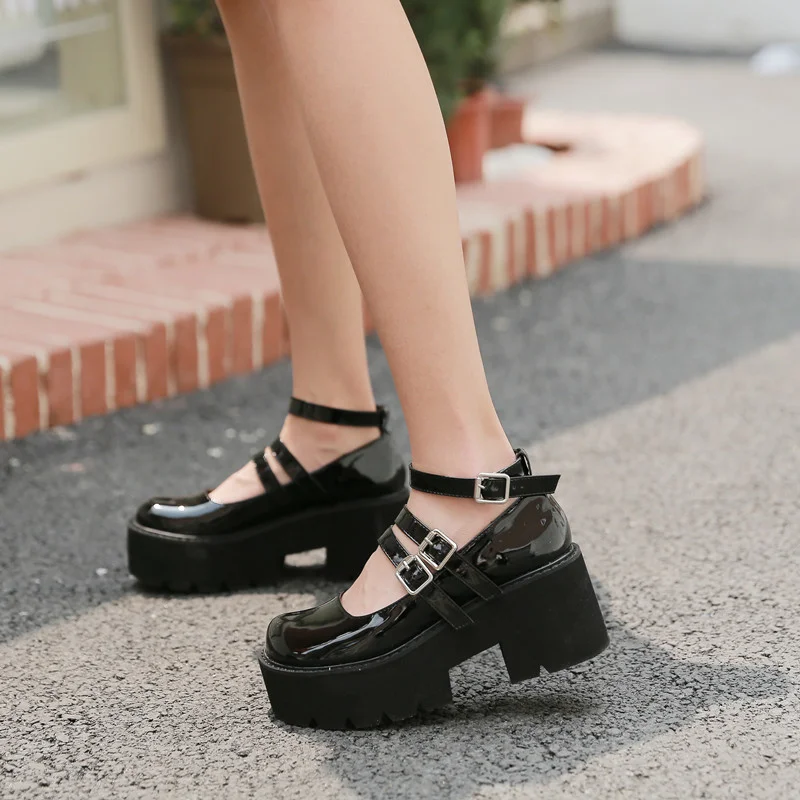 

Женские туфли с ремешком на щиколотке, туфли-лодочки на платформе и танкетке, Повседневная Студенческая обувь на высоком каблуке, весна-осе...