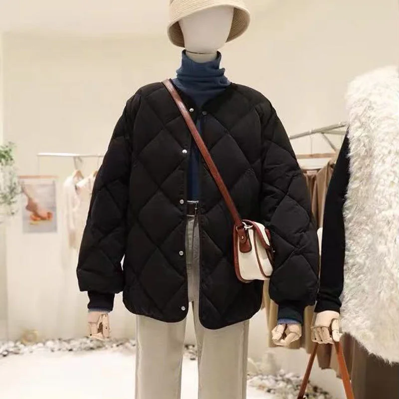 Baseball Clothes All-Match Simple Stylish O-neck Outwear White Duck Down Casual Jackets Solid Tops Warm Women Coat Loose Thicken