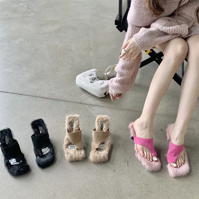 Ladies Slippers Rabbit Fur Thin High Heels New Women Slippers Fur Fashion Party Autumn Summer Flip Flops Dress Party High Heels