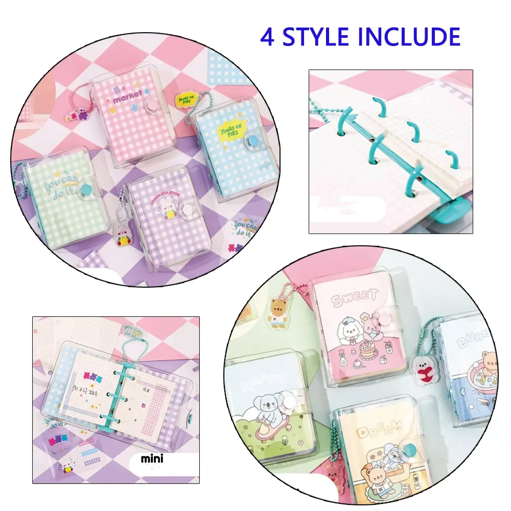 

1Set 4 In1 Styles Loose-leaf Cute Mini Transparent Hand Accoun Portable Binder Notebook Hand Accoun 3-ring Notepad with Keychain