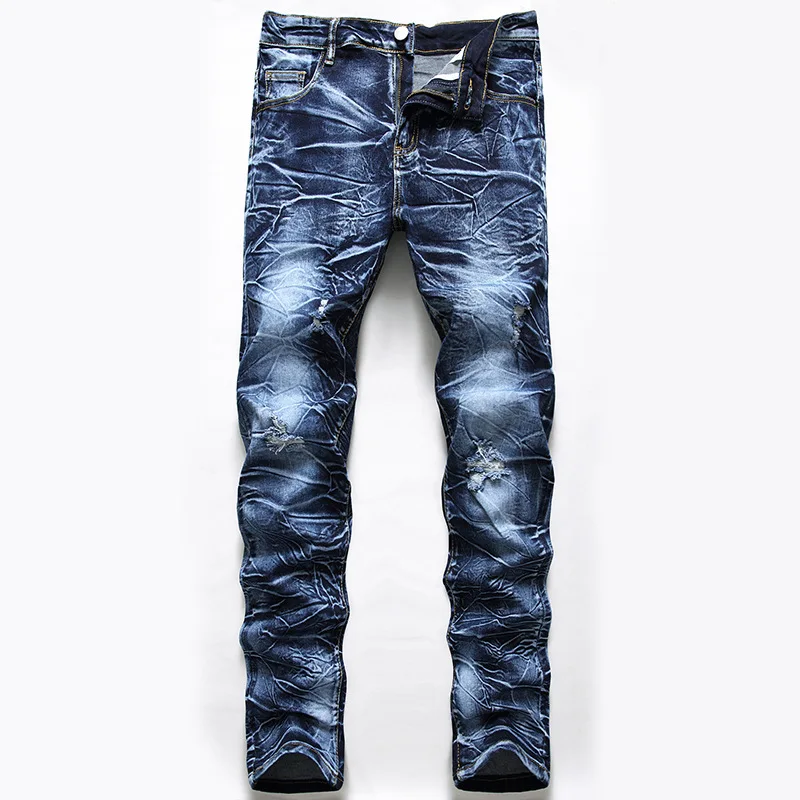 

Printed Cat Whiskers Washed And Polished White Patch Jeans men's Elastic Small Feet Slim Trousers Four Seasons