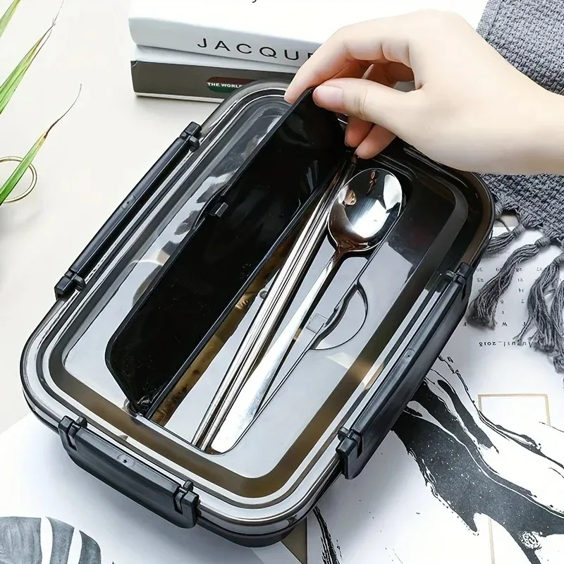 Фото Контейнер Bento, легко очищаемый для студентов и офисных работников, герметичный ланч-бокс из нержавеющей стали с 3 отделениями - прочный №5