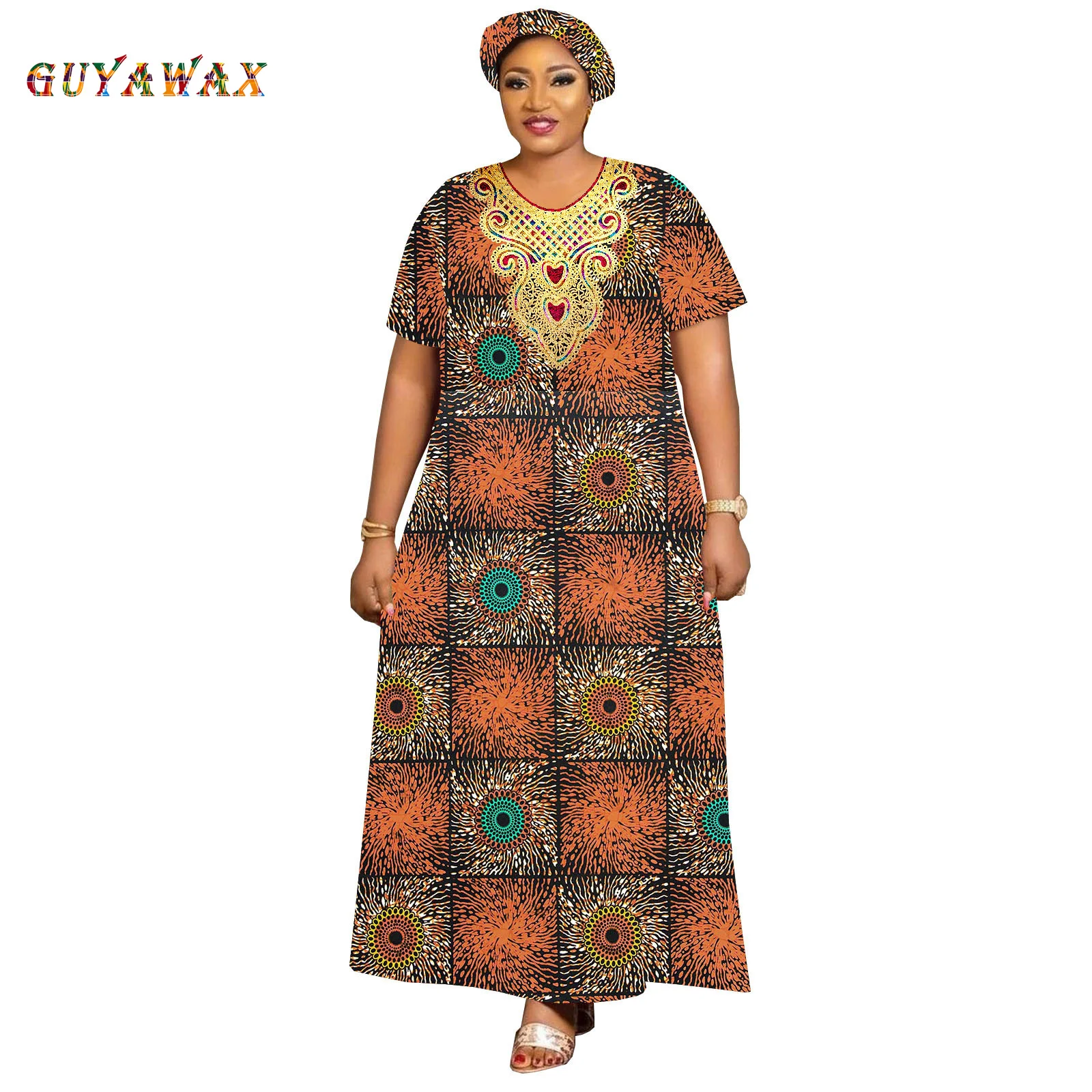 Dashiki Dresses for Women Tailor Made Short Sleeves Ankle Length Casual Cotton Dress with Head Scarf Print Attire Dashiki Outfit
