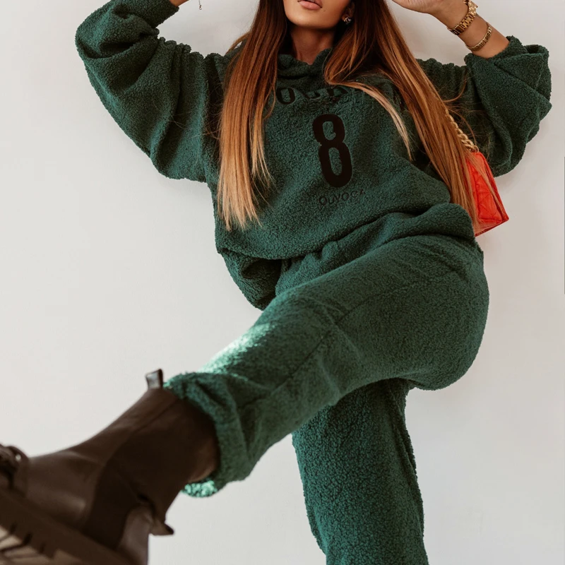 

Fashion Lambswool Long Sleeve Hoodies Two Piece Set Women Letter Patter Suit Outfits Autumn Winter Casual Fleece Women Tracksuit