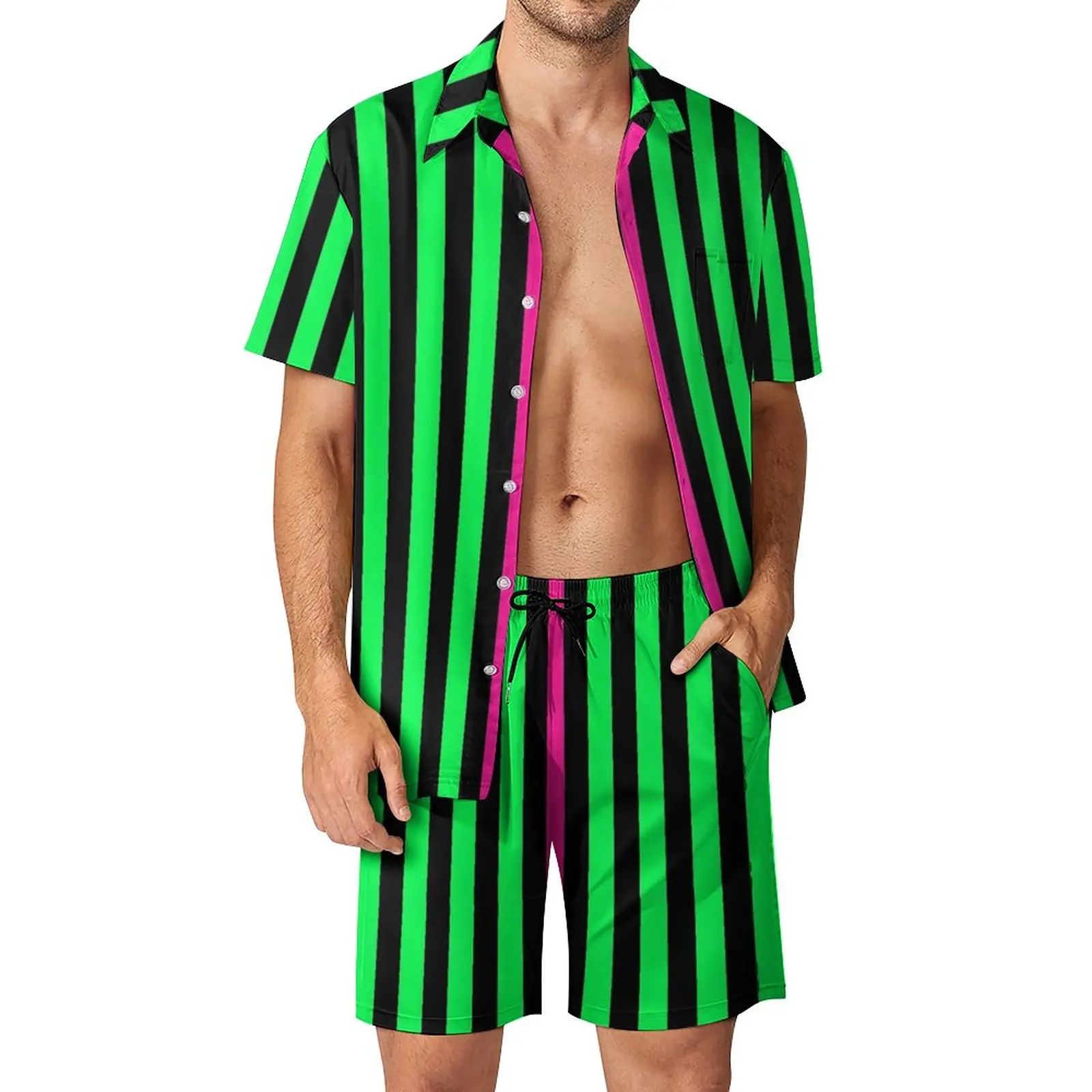 

Colorblock Men Sets Neon Green Stripes Casual Shorts Summer Hawaiian Beach Shirt Set Short-Sleeve Pattern Big Size Suit Gift