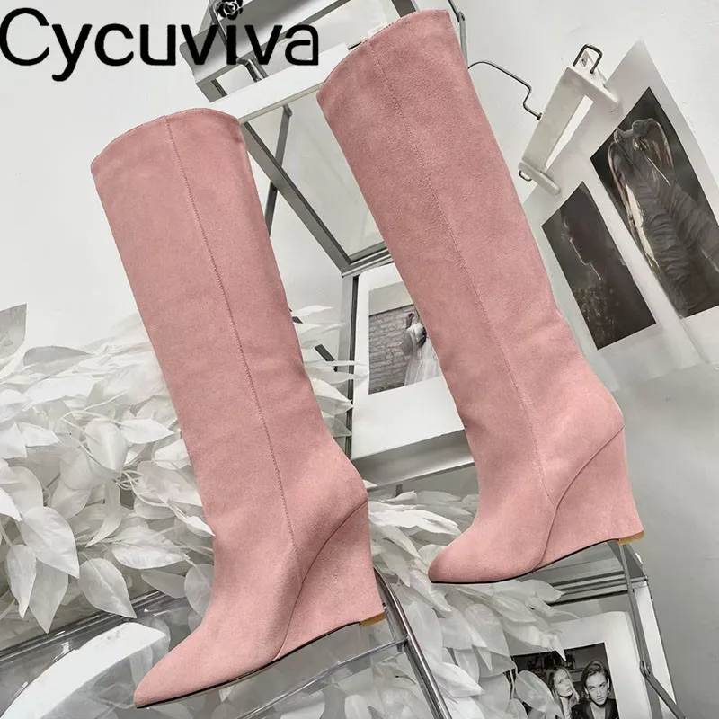 

Pointy Toe Pink Wedge High Heel Knee High Boots Women Sexy Suede Slim Chelsea Long Boots Winter Brand Fashion Week Knight Boots