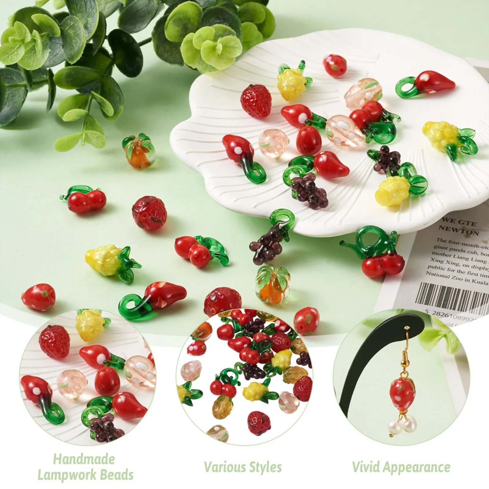 60Pcs Mixed Handmade Strawberry Fruit Lampwork Beads Pendant Spacer Charms For Bracelet Necklace Earring DIY Jewelry Making