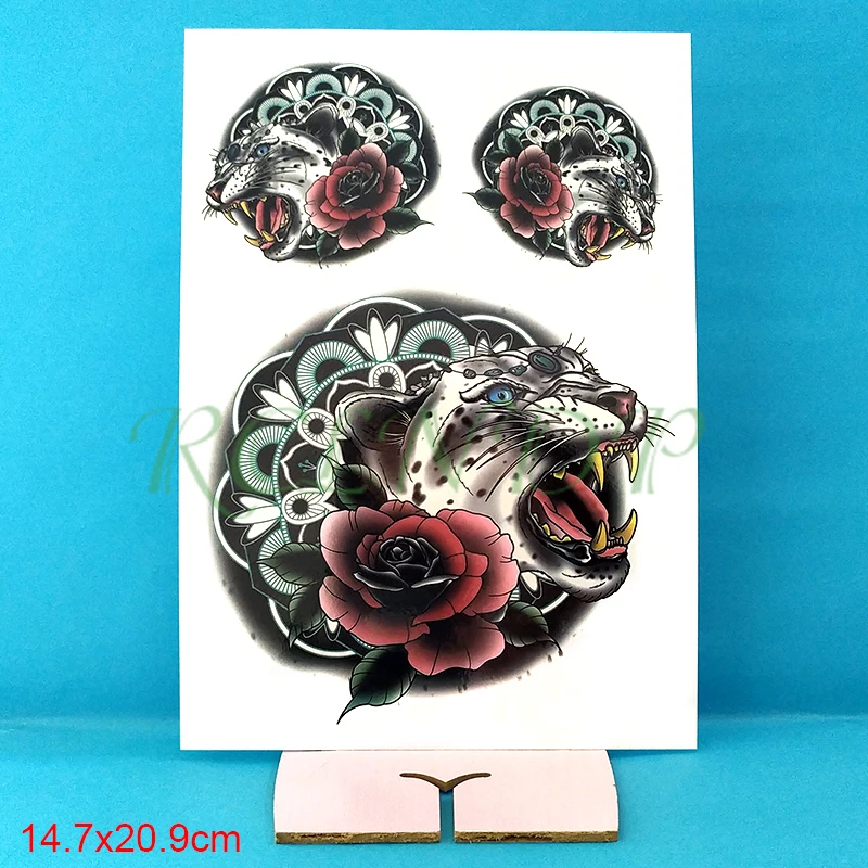 Водостойкая Временная тату-наклейка парящий леопард красная роза цветок