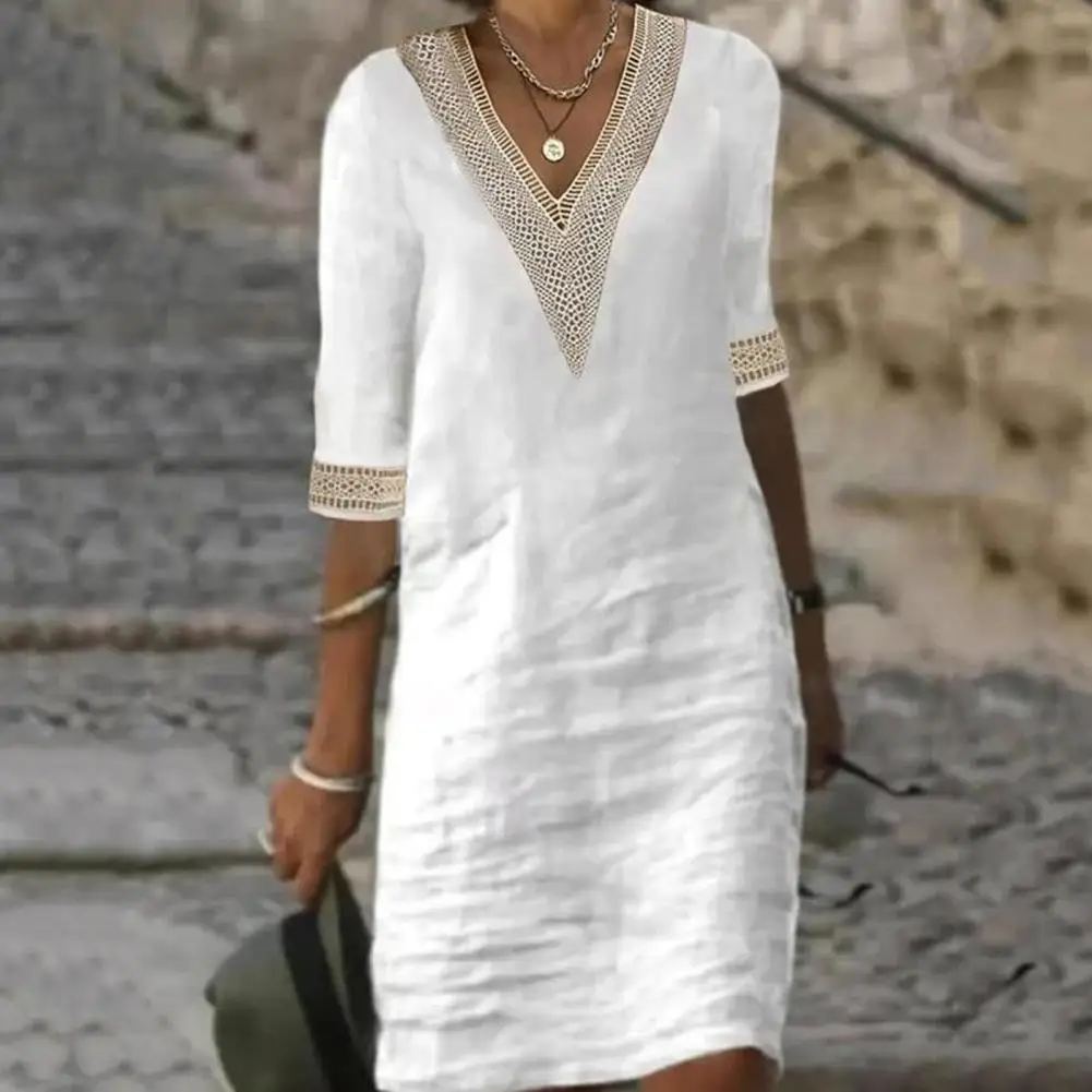 

Women Cotton Linen Dress Summer Fashion Solid Color Hallow Out Mini Dresses Female Oversize Casual Mid-Sleeve Dresses Vestidos
