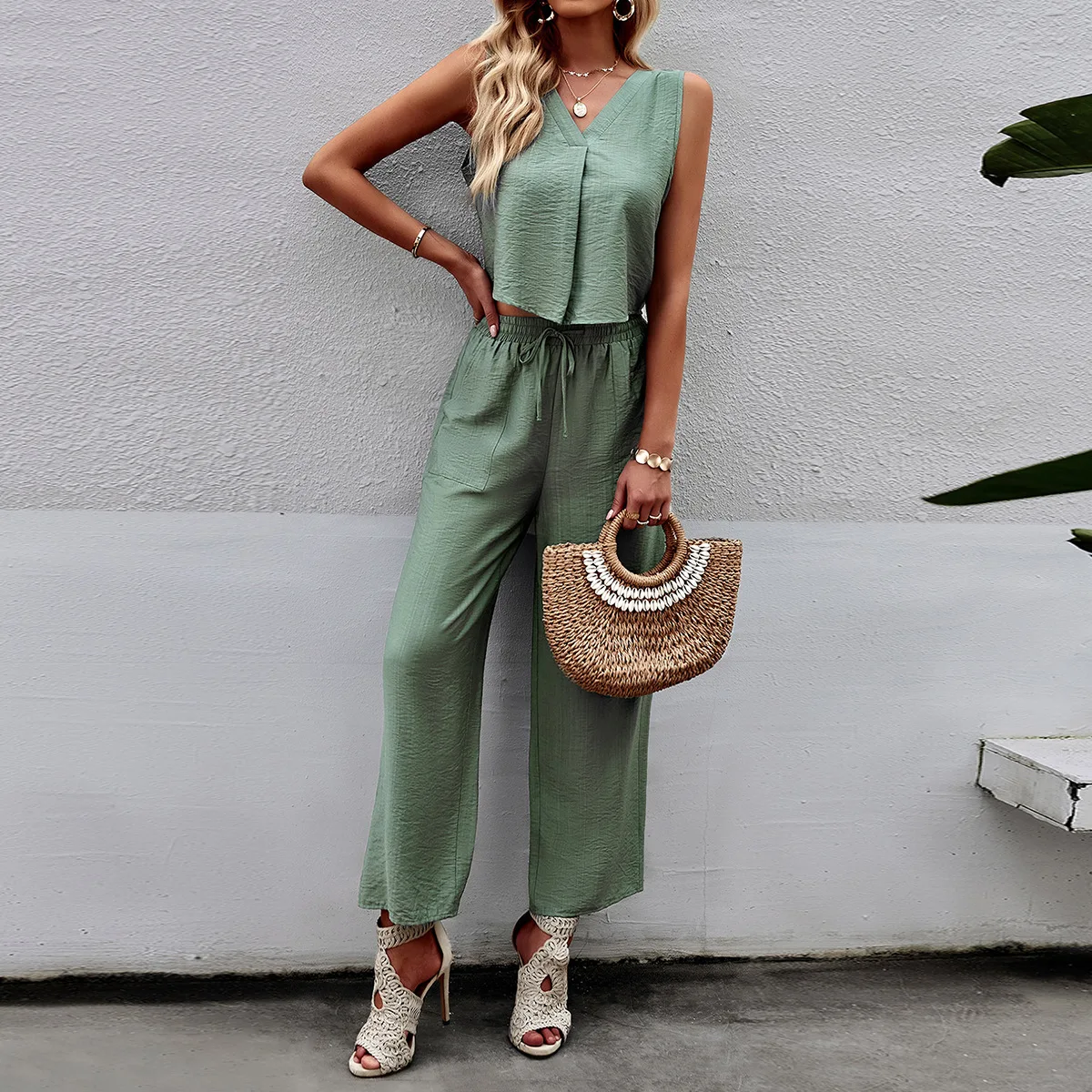 

Phantasy 2023 Elegant Two Piece Suit Solid Sleeveless Tank Top Pants Set Office Lady Fashion Tops Trousers Business Clothing